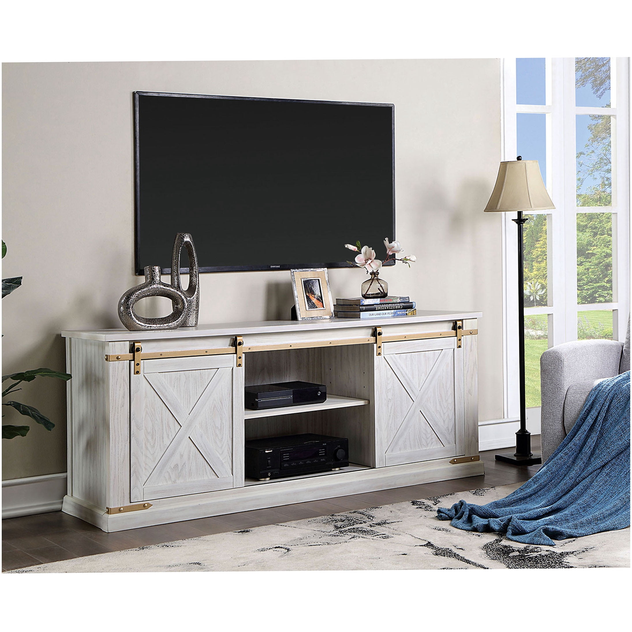 Antique White Farmhouse TV Stand with Sliding Barn Doors and X-Design ...