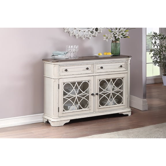 Antique White Finish Server with Glass Doors and Drawers