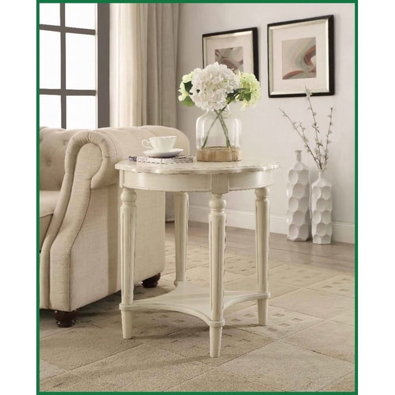 Antique White French Design Coffee Table with Bottom Shelf, Space-Saving for Living Room