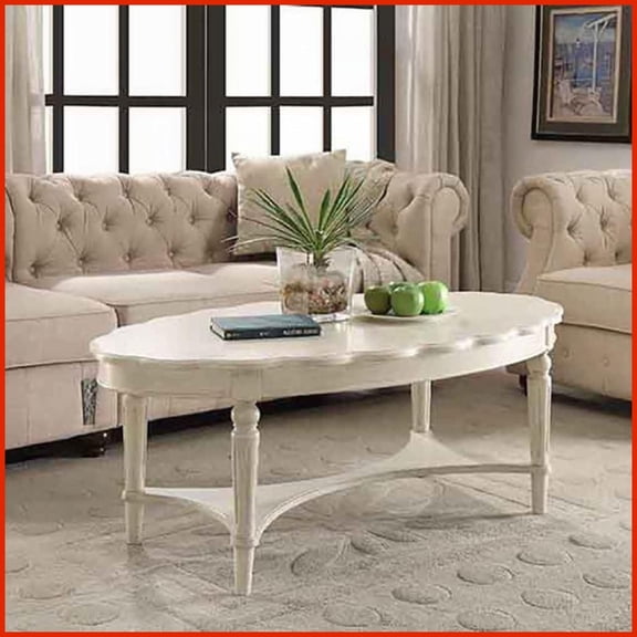 Antique White French Style Coffee Table with Bottom Shelf  Durable Storage for Living Room