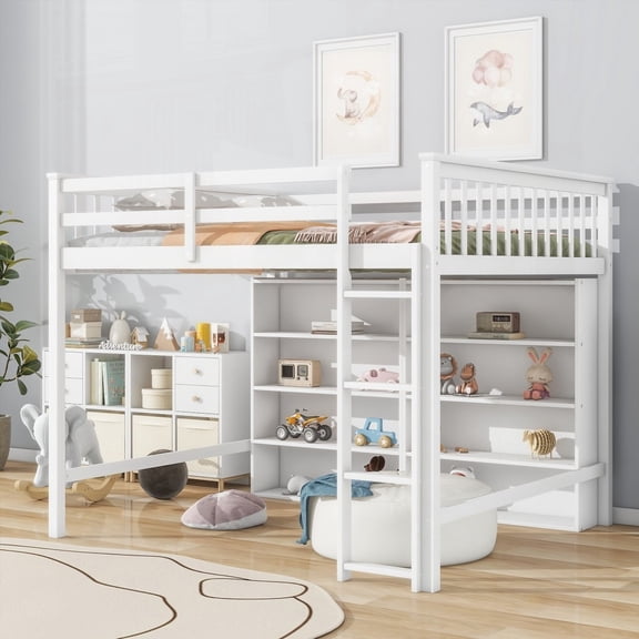 Full Size Loft Bed in Antique White and Featuring 8 Open Storage Shelves & Built-in Ladder