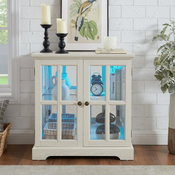 Antique White Glass Cabinet, Remote Control Led, Adjustable Shelves, Home Furniture Vintage Style Storage Box, Led Lights, +