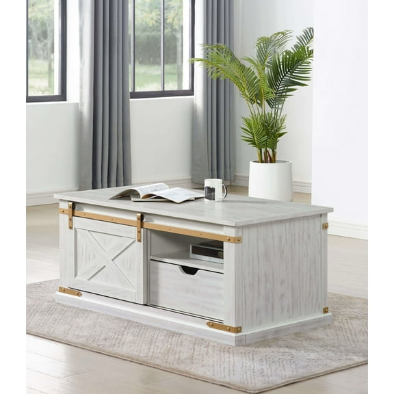 Antique White & Gold Rustic Coffee Table with Dual-Sided Drawer & Shelves | Solid Wood, Metal | 48" Rectangular Living Room Table | Classic, Modern, Transitional Style