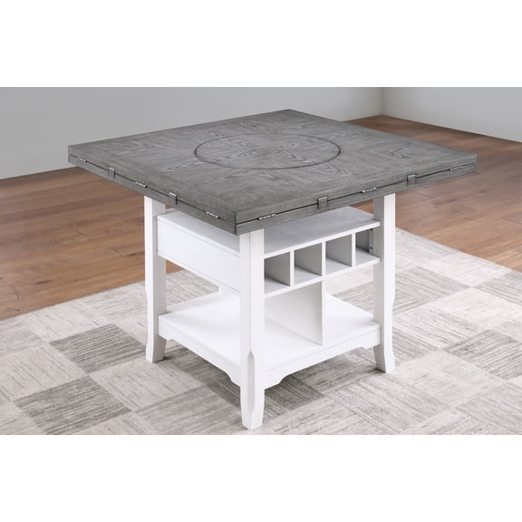 Antique White/Gray Counter Height Table with Built-in Lazy Susan, Storage Shelf, Drop-Leaf Design, 60" Round or 42" Square, Functional Kitchen Table