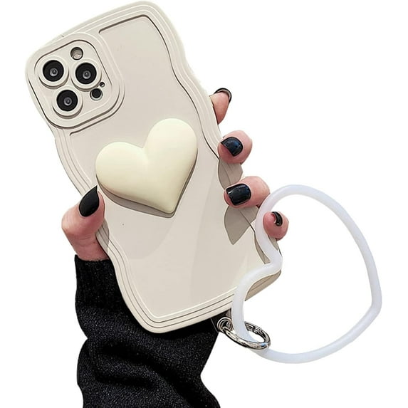 Antique White Heart Phone Case Compatible with iPhone 15 Pro Max, Cute 3D Big Love Heart Phone Case, Curly Wave Shape Heart Phone Cover with Heart Bracelet for Women Girls