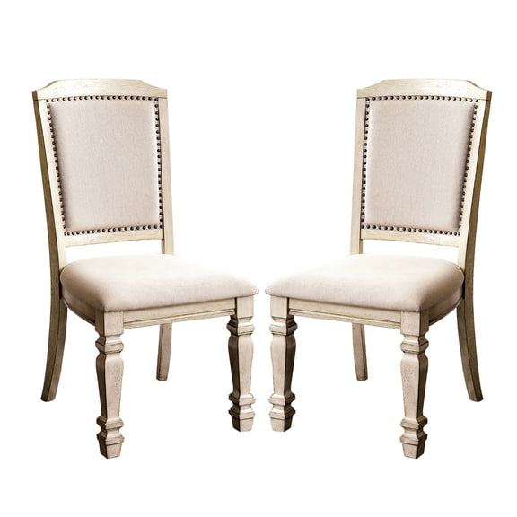 Antique White Ivory Fabric Dining Chairs (2-Piece Set) | Ideal for Dining Room Feasts | Wood-Fabric with Nailhead Adornment | Sturdy Design for Everyday Use