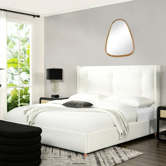 Antique White King Bed Frame With Winged Cushion-back Headboard Platform In