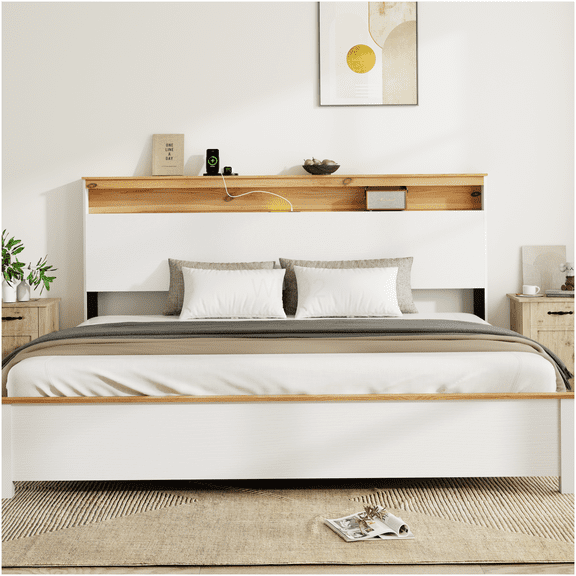 Antique White King Bed Frame with USB and Type-C Charging, LED Headboard, Storage, and Noise-Free Platform