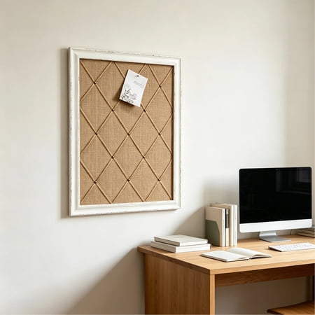 SOFE Bulletin Board 21"x27", Antique White Linen Fabric Pin Board with Frame, Large Burlap Cork Message Board for Wall Decor, Vision Board & Memo Board