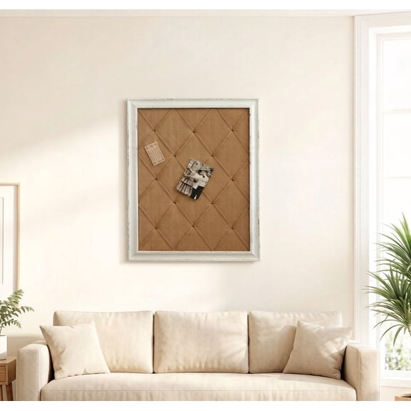 SOFE Bulletin Board 21"x27", Antique White Linen Fabric Pin Board with Frame, Large Burlap Cork Message Board for Wall Decor, Vision Board & Memo Board