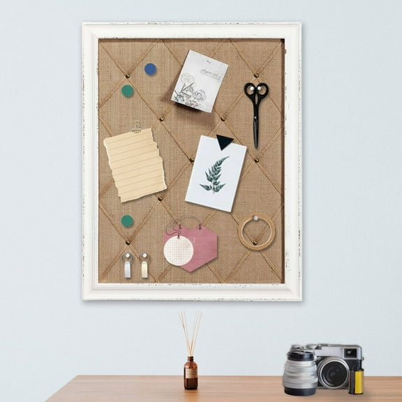 SOFE Bulletin Board 21"x27", Antique White Linen Fabric Pin Board with Frame, Large Burlap Cork Message Board for Wall Decor, Vision Board & Memo Board