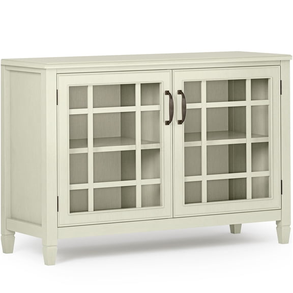 Antique White Low Storage Cabinet with Glass Doors, Solid Wood Display & Storage Solution