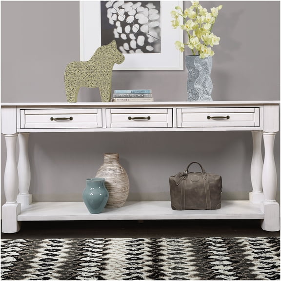 Antique White Mid-Century Modern Console Table with 3 Drawers & Bottom Shelf, Pine Wood Sofa Table for Entryway & Hallway