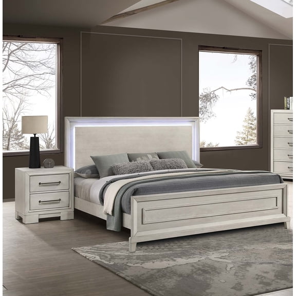 Antique White Particle Board Elegant Style Queen Size Bed LED Lights on Headboard Antique White Finish Bedroom Furniture