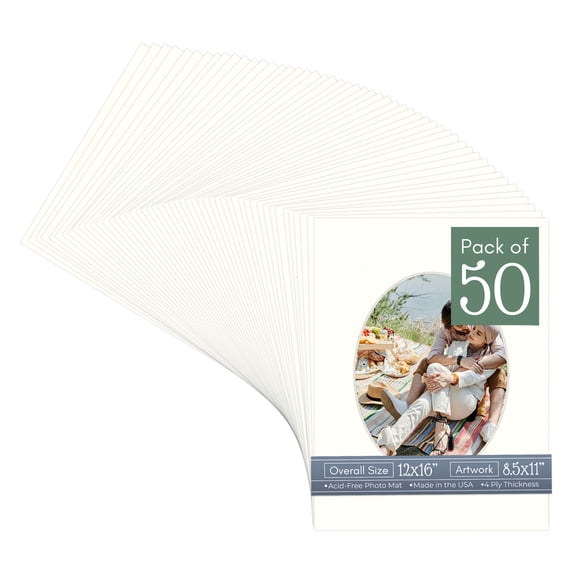 Antique White Picture Frame Mat for 12x16 Frames - Oval Opening for 8.5x11 Photos - 50 Mats