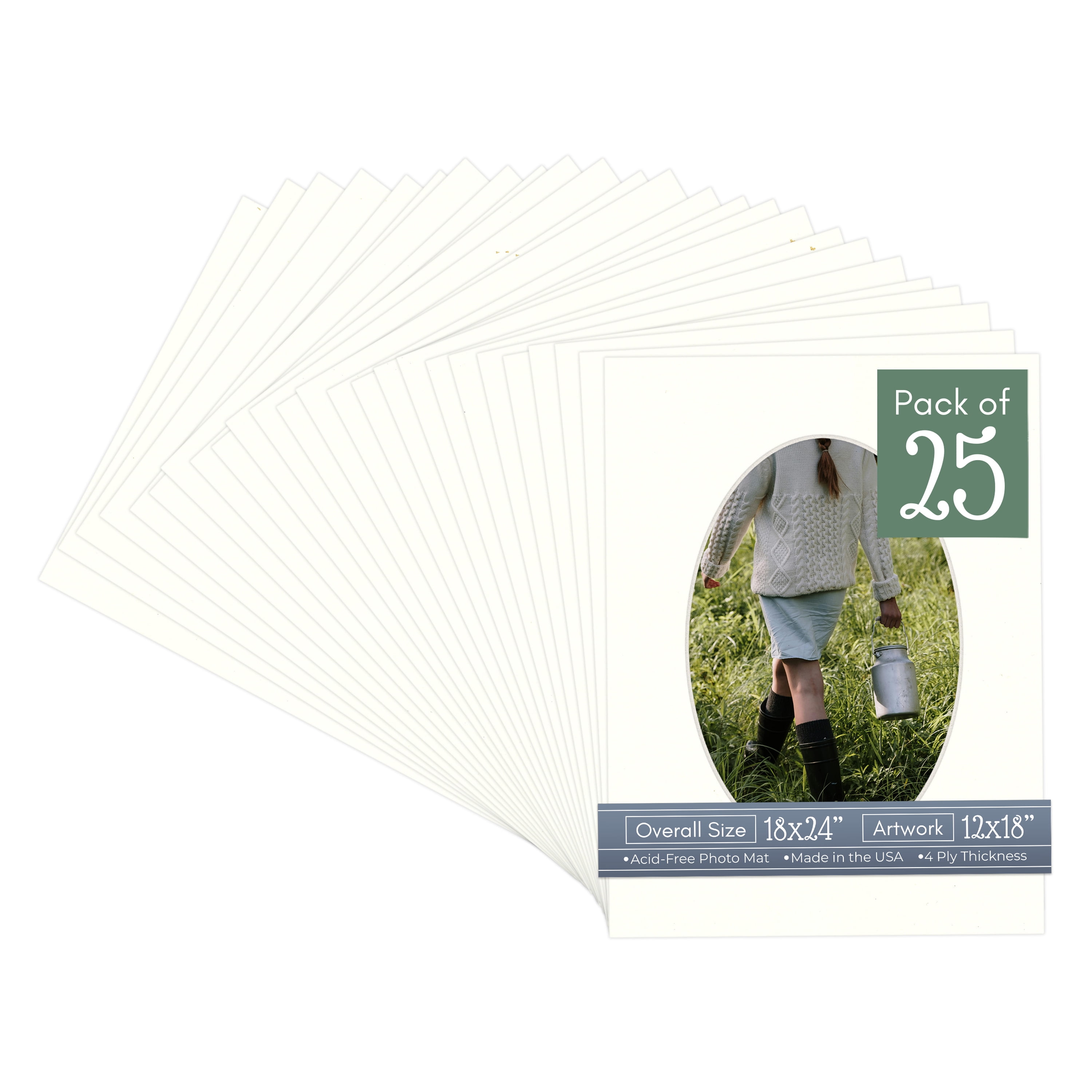 Antique White Picture Frame Mat for 18x24 Frames - Oval Opening for 12x18 Photos - 25 Mats