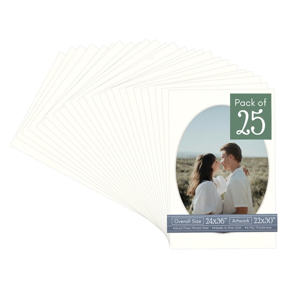 Antique White Picture Frame Mat for 24x36 Frames - Oval Opening for 22x30 Photos - 25 Mats