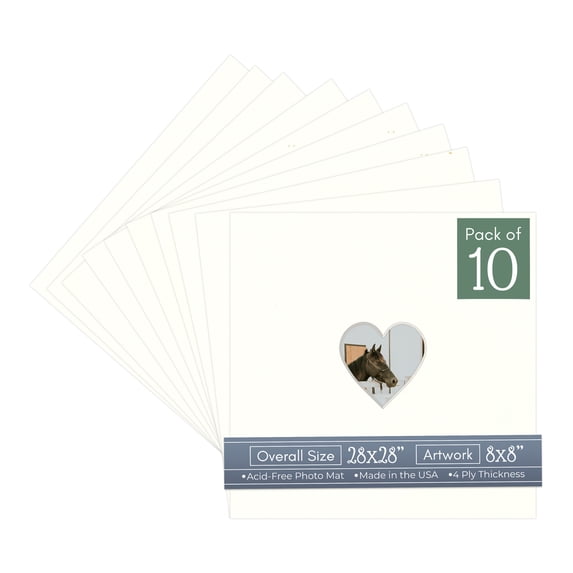Antique White Picture Frame Mat for 28x28 Frames - Heart Opening for 8x8 Photos - 10 Mats
