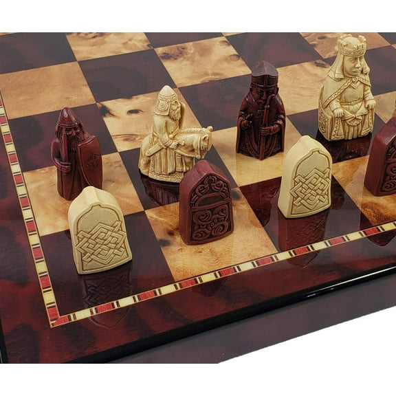 Antique White Red Mini Isle of Lewis Chess Set With 18" Cherry Color Board