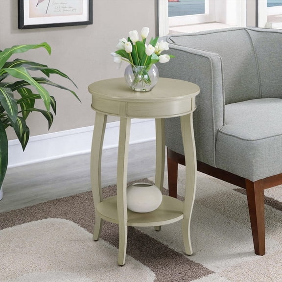 Antique White Round Side Table with Bottom Shelf - Solid Wood, Sturdy and Versatile