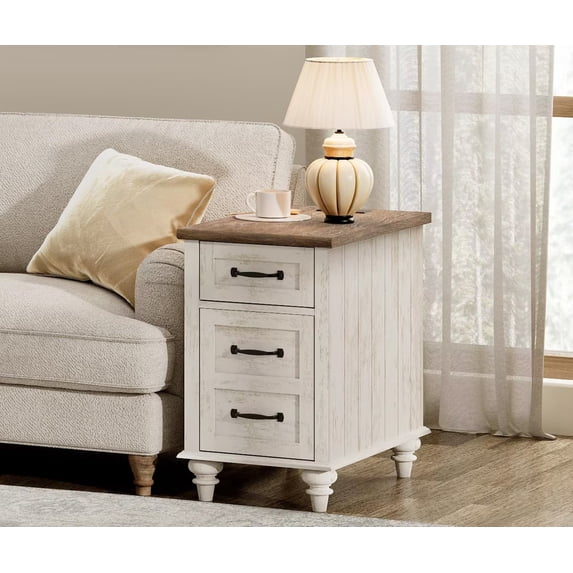 Antique White Side Table with Drawer & Cabinet, Elegant End Table with Charging Station, Wooden Nightstand for Bedroom, Living Room