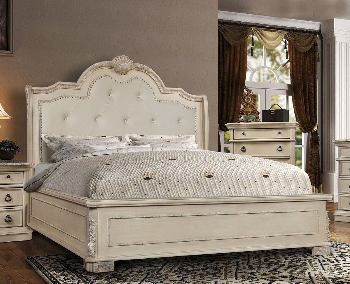 Antique White Solid Hardwood Queen Bed McFerran B6007 Classic Traditional