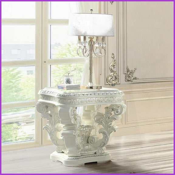Antique White Square Coffee Table - Decorative Floral Pedestal, Silver Trim, Indoor/Outdoor Use