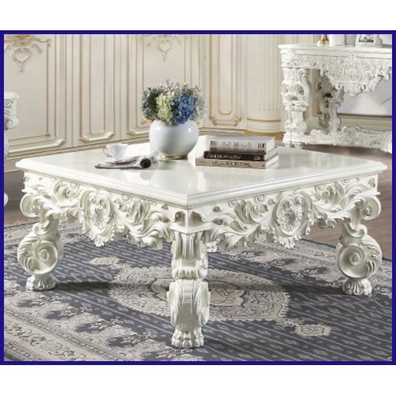 Antique White Square Coffee Table with Floral Legs - 60mm Thick Top, Timeless Artistic Charm for Living Room