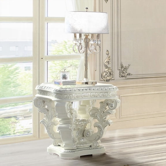 Antique White Square End Table Boasting Raised Scrolled Molding Trim