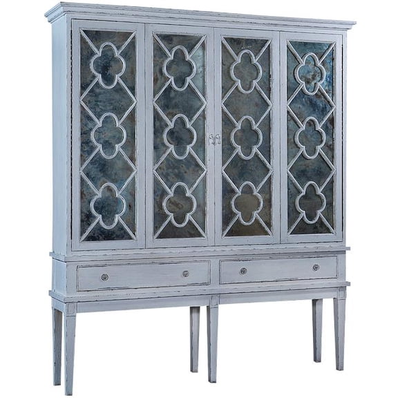 Antique White TV Cabinet with Mirrored Quatrefoil Doors