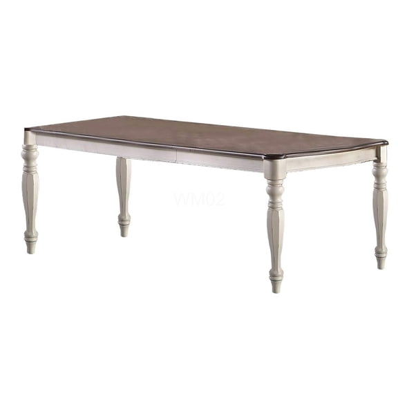 Antique White Transitional Dining Table with 2 Leaves, Rubber Wood & Oak Top, Rectangular Kitchen Table for 8