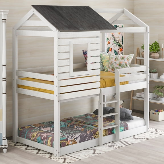 Antique White Twin over Twin Bunk Bed Wood Loft Bed with Roof, Window, Guardrail, Ladder