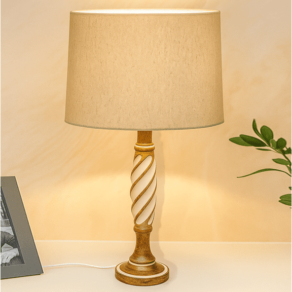 Antique White Twister Wood Table lamp, Rustic Farmhouse Bedside Light, Jute Fabric shade