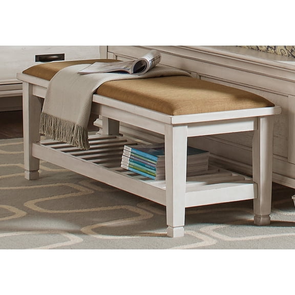 Antique White Upholstered Bench with Slatted Storage Shelf | 50.5" Rubberwood Entryway, Bedroom, Living Room Accent Seat | Brown Fabric, Ivory Finish | Farmhouse Rustic Style