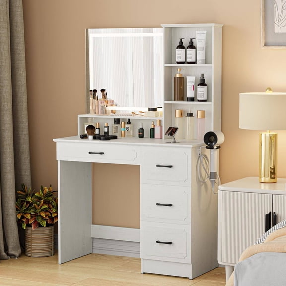 Antique White Vanity Table with Lighted Mirror, 4-Drawer Storage & USB Charging Station