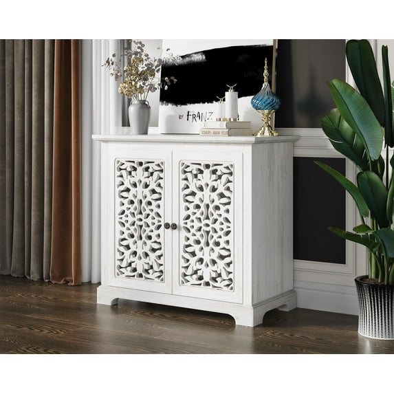 Antique White Vintage Accent Cabinet with 2 Carving Doors - Multi-Purpose Buffet Server Console for Home Storage