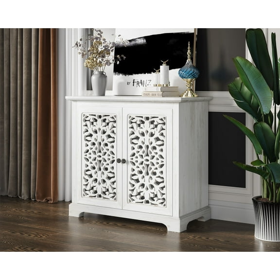 Antique White Vintage Accent Cabinet with Carving Doors, 2 Door Buffet Server Storage, Ideal for Living Room and Hallway