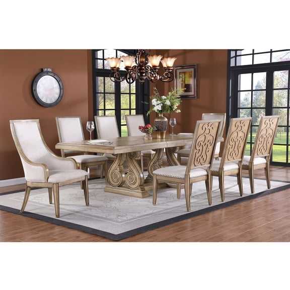 Antique White Wash Dining Set 9pc Extendable Table Armchairs Side Chairs Upholstery Furniture