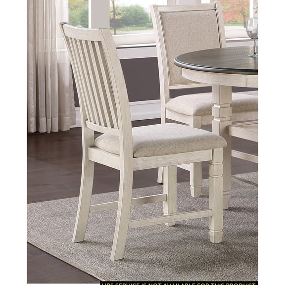Antique White Wood Side Chairs with Beige Textured Upholstery in Transitional Dining Style