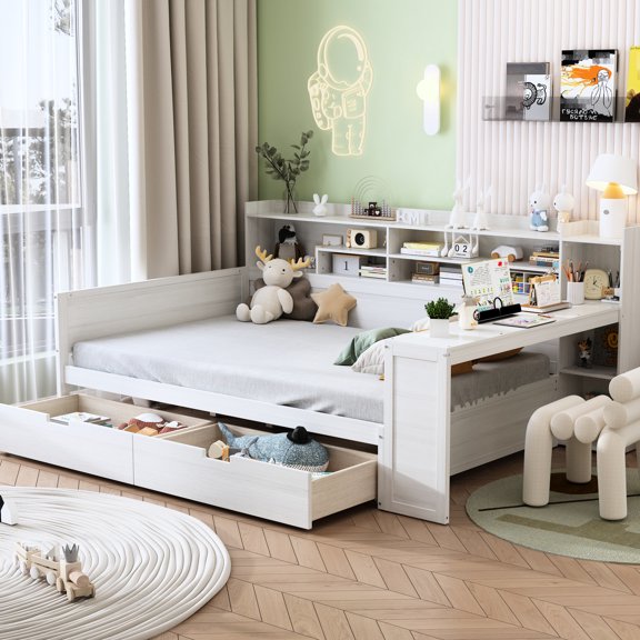 Antique White Wooden - Storage and Study Desk Included - Bedroom Use - Ample Storage and Workspace