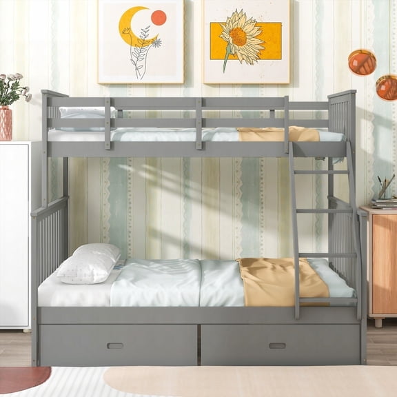 Twin and Full Size Wooden Bunk Bed with Storage and Ladder - Gray (No Spring Box Needed)