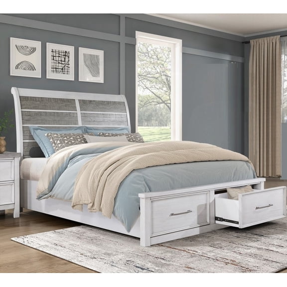 Classic Antique White and Gray Queen Platform Bed, Footboard Storage, 2-tone, Antique Pewter Bar Pulls