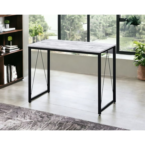 Antique White&black Writing Table - Robust And Modern 15mm Thick Rectangular Tabletop Metal Base With V-shaped Element Composite Wood Build Spacious Leg Area Desk Finish Minimalist Practical Office