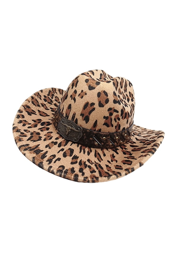 Antique Wide Brims Fedoras Hat with Cow Pattern Cow Head Belt Design Western Theme Hat for Camping Horseback Ridings