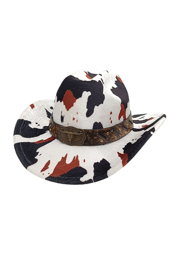 Antique Wide Brims Fedoras Hat with Cow Pattern Cow Head Belt Design Western Theme Hat for Camping Horseback Ridings
