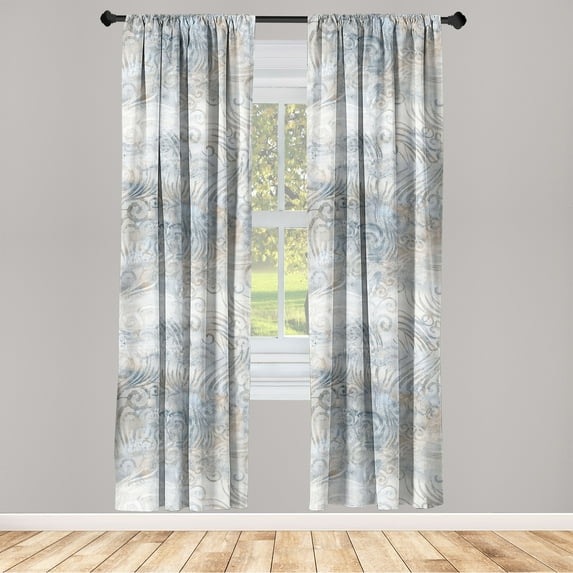 Antique Window Curtains, Dreamy Nostalgic Royal Swirls and Waves in Grunge Weathered Effect, Lightweight Decor 2-Panel Set with Rod Pocket, Pair of - 28"x84", Coconut and Pale Slate Blue, by Ambesonne