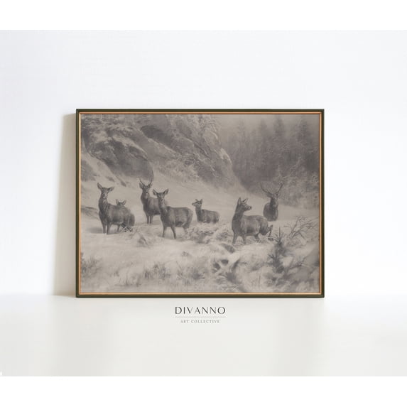 Antique Winter Forest Poster Neutral Nordic Reindeer Sketch, UNFRAMED Size 24x24