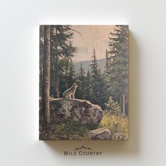 Antique Wolf Forest Wall Art Print, Muted Pine Wildlife Rustic Farmhouse Room Decor