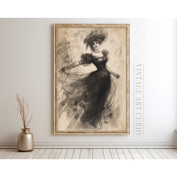 Antique Woman Sketch Wall Print, Rustic Country Decor, Vintage Etching, Neutral Vintage Print, Charcoal Unframed Paper Print