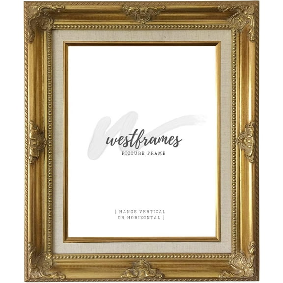 Antique Wood Baroque Picture Frame 3" Wide (Gold Natural Linen Liner, 18" x 24" Empty Frame , No Plexiglass)